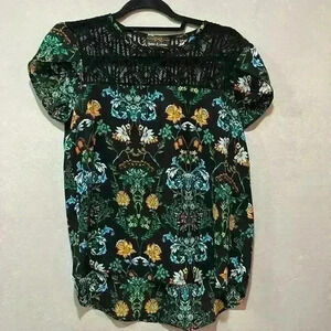 Twine & String floral black and orange short sleeve blouse shirt top size small
